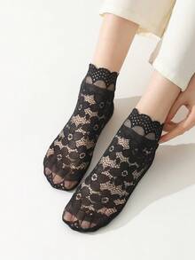 1/5/10 Pairs Women's Summer Solid Color Thin Socks, Lace Trim Transparent Mesh Sexy Socks, Soft & Comfortable - Multicolor - View 17