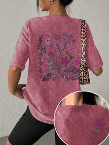 黑色水洗棉大码女式休闲印花T恤，圆领短袖，简约风格，适合日常穿着，复古设计，夏季款 - 紅色 - 查看 5