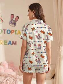 Disney 2pcs Animal City Series Printed Comfortable Satin Cute Casual Matching Short Sleeve Button-Up Shirt And Elastic Waist Shorts Pajama Set For Women, Soft And Breathable Fabric Suitable For All Seasons - Beige - View 2
