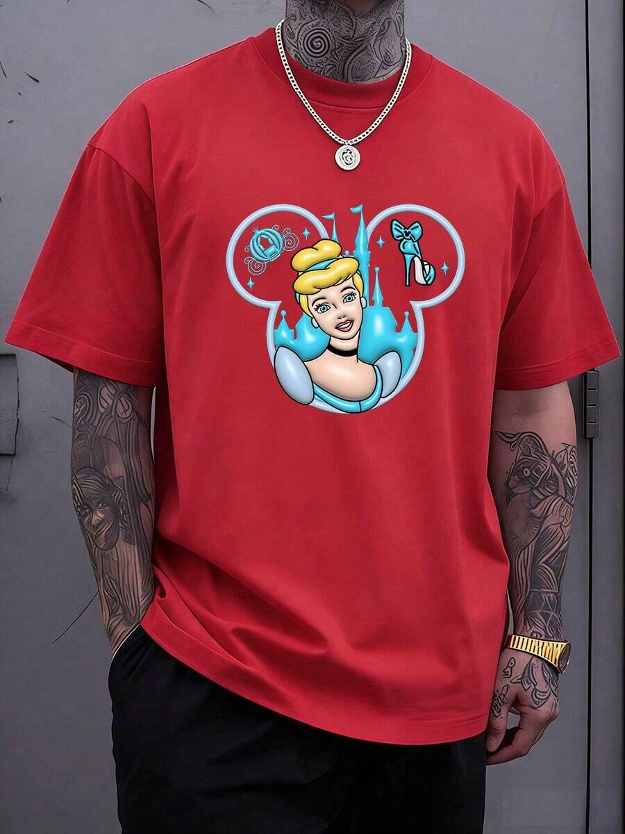 Men's T Shirt Gift For Boyfriend,Ariel,Matching Couple T-Shirts For Him And Her - Romantic Couple Outfit Design With Minnie Mouse Graphic, Casual Short Sleeve Crew Neck - Perfect For Summer Wear Or Date Nights,Suitable For Vacation, Casual Wear, Festivals, Sports, Travel, Home, Office, Comfortable Material - 紅色 - 查看 1