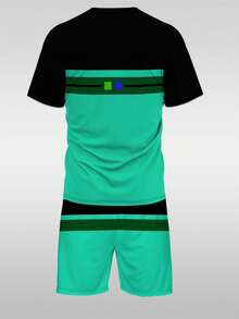 Bộ đồ nam thường ngày bằng polyester - Áo thun cổ tròn và quần short, họa tiết sọc tương phản, chất liệu vải dệt kim co giãn, dáng regular fit, có dây rút và túi, bộ đồ thời trang mùa hè. - Nhiều màu - Xem 4