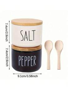 1 Set Ceramic Salt & Pepper Bowls, 2 Compartments, Lid Salt Container, Stackable, Black & White Color, Salt & Pepper Set, Salt Bowl, Pepper Bowl, 2 Wooden Lids, Small Plate, Kitchen Decor, Kitchen Utensils - MultiWarna - View 2