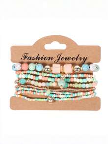 Set de 8 piezas de pulseras elásticas bohemias con cuentas, pulseras hechas a mano con cuentas, accesorios románticos para vacaciones en la playa - Multicolor - Ver 8