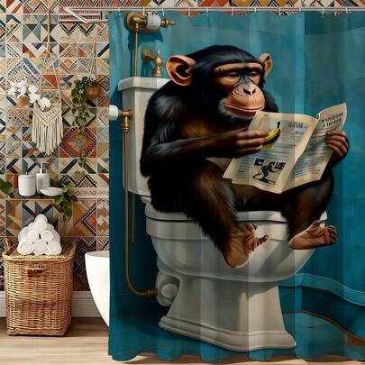 Funny Chimpanzee Reading Newspaper Shower Curtain Waterproof Mildew Resistant Polyester Bath Curtain For Bathroom Decor Playful Animal Bathroom Accessories With Hooks Thickened Privacy Curtain For Shower Stall Bathtub Easy To Install Clean Quick Dry Bathroom Partition Curtain For Home Hotel Apartment Spa Stylish Humorous Pattern Shower Curtains Non Fading Water Repellent Bathroom Curtains Essential Shower Accessories