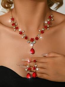 New Flower Crystal Necklace & Earrings Jewelry Set, Clavicle Chain, Bridal Wedding Dress Accessories - Red - View 7