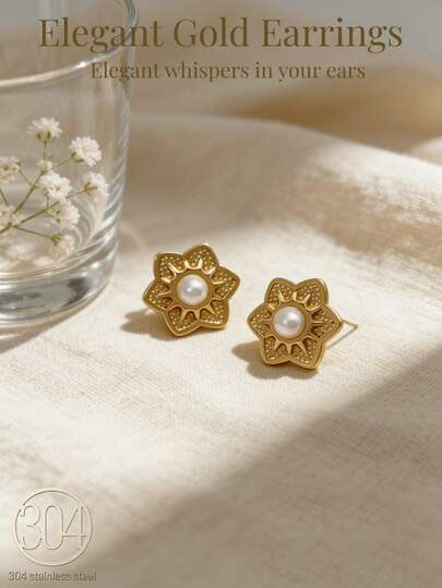 1 Pair Of Star-Shaped Gold-Plated Elegant Pearl Stud Earrings 18K Gold-Plated Finish With Hypoallergenic 304 Stainless Steel Construction Star Design Suitable For Women's Everyday Wear The Perfect Gift For Ladies On Birthdays And Other Special Occasions