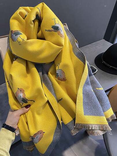 1条双面黄色小鸟印花围巾，韩式保暖百搭披肩/围巾，冬季加厚保暖围脖，适合空调房使用