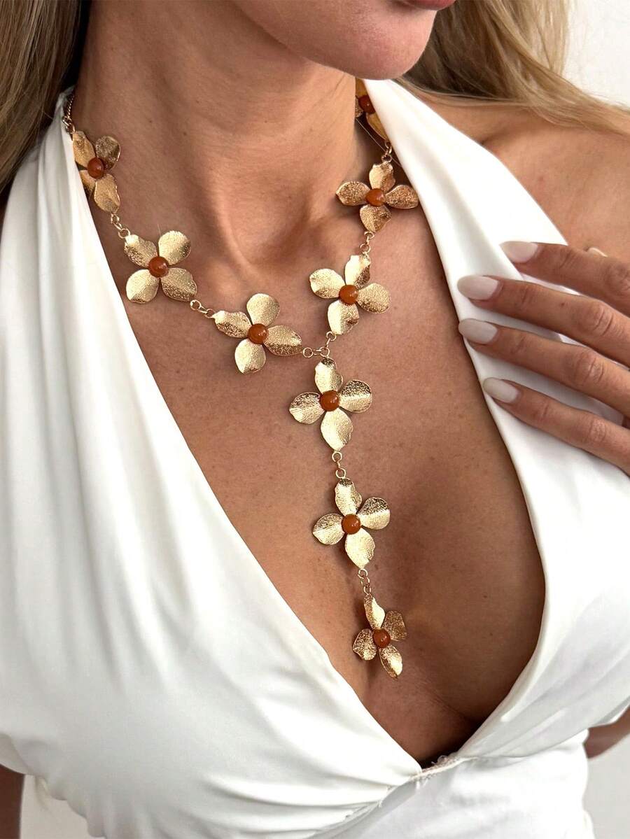 1pc Fashionable Elegant Vintage-Style Metal Four-Petal Flower Chain Gemstone Y-Necklace, Long Necklace Suitable For Evening Gala, Party, Gift For Friends, Girlfriends - Gold - View 1