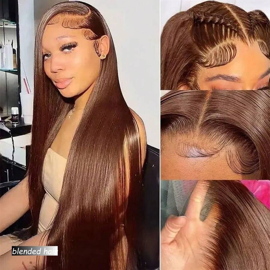 8-36 Inch Glueless No Cut Human Hair Blend Wig, 180 Density 13x4 HD Lace Front Wig With Baby Hair, 12A Grade Straight, Beginner Friendly, Brown - Brown - View 1