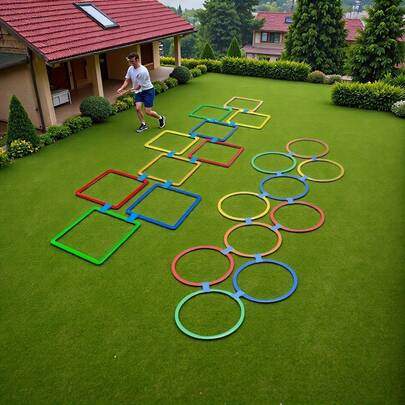 21件套跳跃感官运动技能训练套装，适合户外团体活动、敏捷梯和运动训练器材，可提高反应速度和敏捷性，适用于草坪、后院活动，颜色混装。