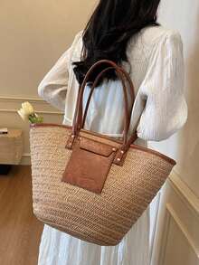 Fashion Large Capacity Woven Tote Bag, New Beach VacationOne Shoulder Underarm Straw Large Bag - Khaki - View 4