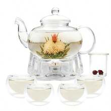 Juego de tetera de vidrio tetera de vidrio de 34 oz/1000 ml con infusor y calentador de té suelto juego de 4 tazas de té de doble pared de 5 oz/150 ml tetera apta para estufa y microondas - Por supuesto - Ver 8