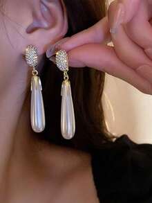 Topshiny 1pair White Chinese-Style Bridal Pearl Teardrop Earrings, Elegant Long Stud Dangle Earrings For Women, Suitable For Daily Wear, Weddings, And Parties - 白色 - 查看 8