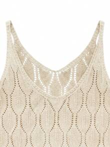 女士休闲V领纯色钩花开衩连衣裙，全白夏季款，奶油黄返校秋季款，优雅长款派对连衣裙，适合秋冬季节（图案随机） - 杏色 - 查看 9