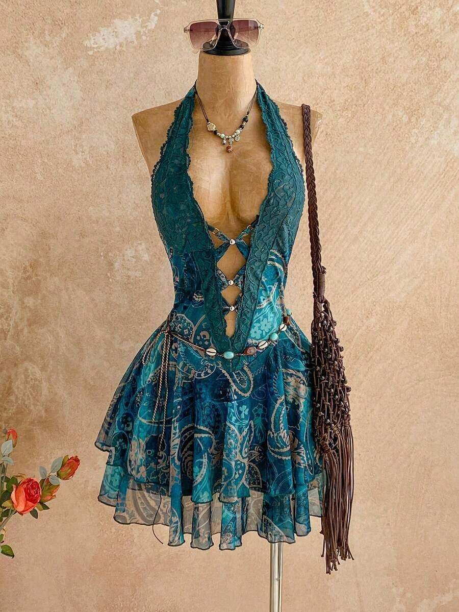 Women's Vintage Halter Backless Ruffle Hem Mini Dress, Holiday Outfits For Women , Summer Holiday Outfits, Bohemian, Boho,Spring/Summer, Carnival Outfit,Retro Outfits - màu xanh lá - Xem 1