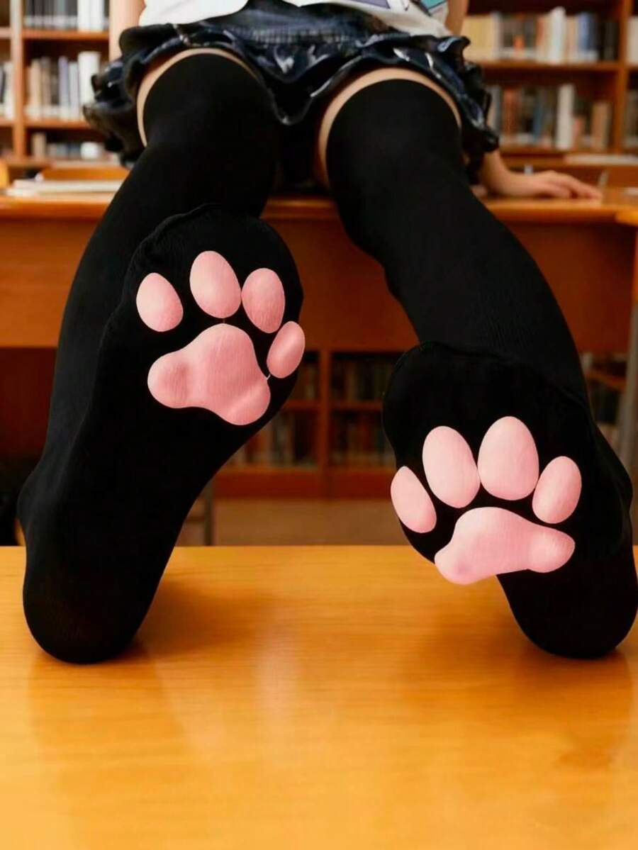 3D Cat Paw Over-The-Knee Socks, Cute Soft Toe Socks, Cat Paw Pads Socks, Suitable For Girls And Women Cosplay Outfits - Black - View 1