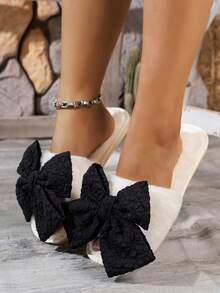 Women's Home Slippers, Black Bow Knot Pleated Fabric, Fashionable Casual Indoor Wear, Autumn/Winter - Beige - View 10