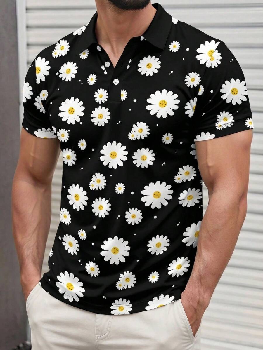 Men's Lightweight Floral All-Over Print Short Sleeve POIO Shirt, Men's Casual Holiday Style Short Sleeve Polo Shirt - Multicolor - View 1