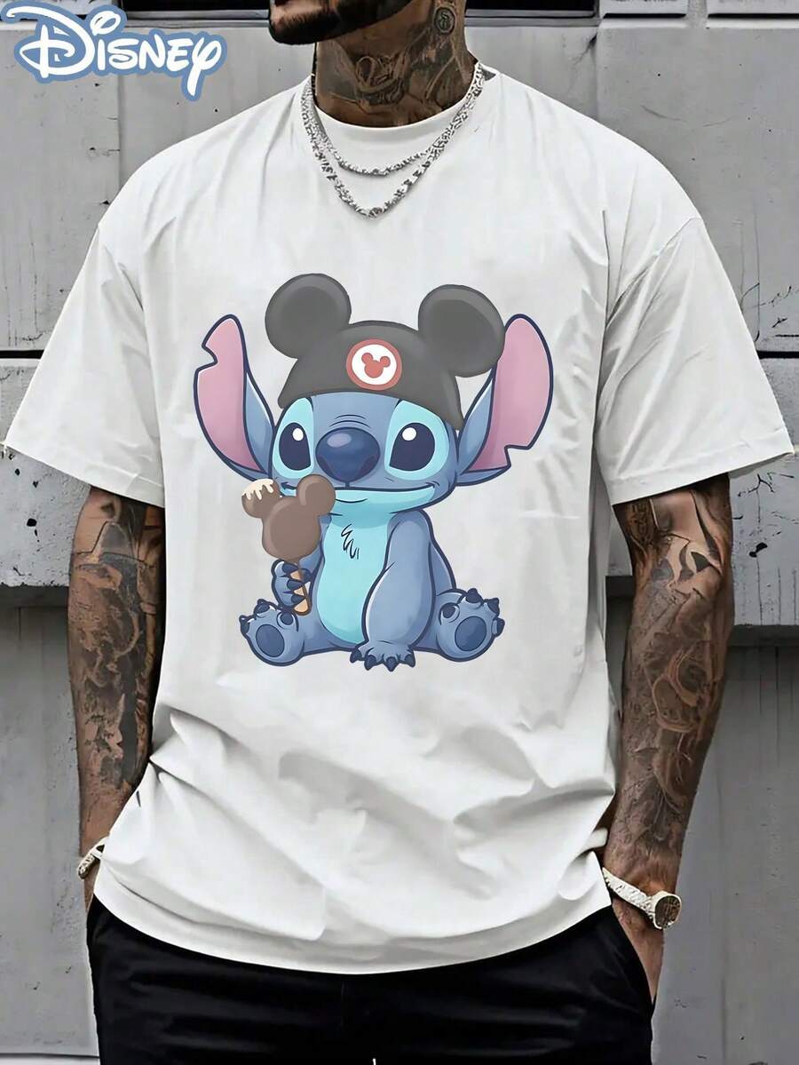 Disney Officially Licensed Graphic T Shirts 100 Percent Cotton Disney Shirt, Stitch Mickey Hat Ice Cream T-Shirt, Unisex, 220g, Retro Print, Cartoon Graphic, Casual Top - 白色 - 查看 1