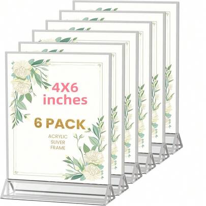 6 قطع إطارات عرض أكريليك مزدوجة الوجه بحواف فضية بمقاس 4 * 6 بوصة، حوامل عرض بلاستيكية لأرقام طاولات الزفاف والقائمة