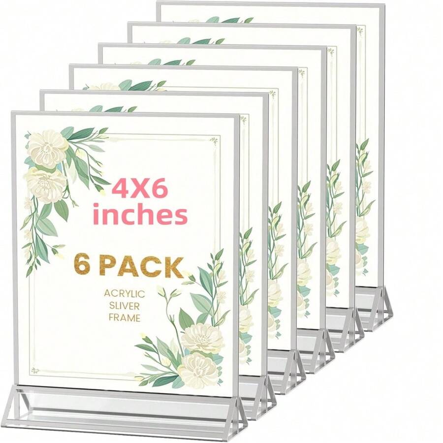 6 chiếc khung biển hiệu acrylic 4"x6" viền bạc, khung ảnh acrylic hai mặt, giá đỡ trưng bày bằng nhựa dùng cho số bàn tiệc cưới, thực đơn.