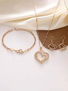 Bộ 4 món gồm bông tai hình trái tim đôi, dây chuyền và vòng tay, trang sức cưới dành cho nữ. - Vàng - Xem 4