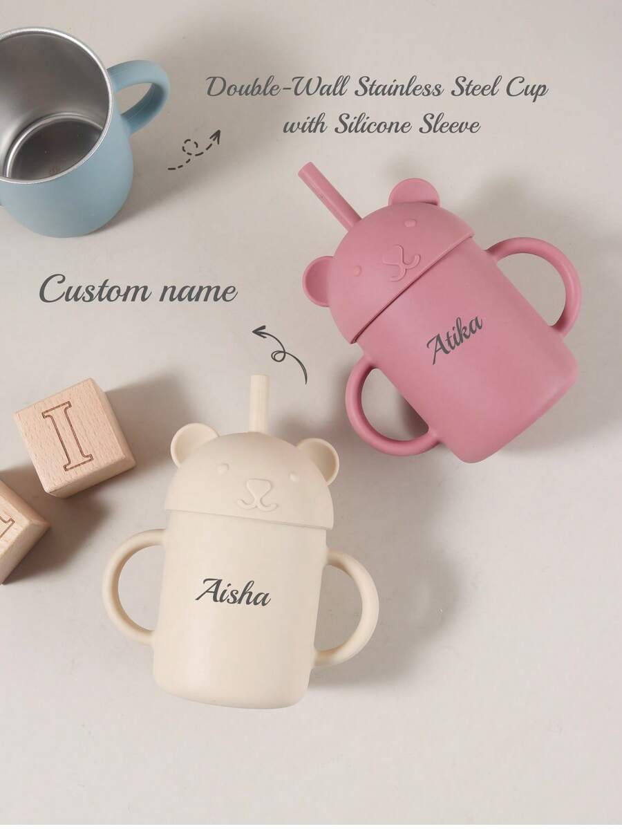 Cốc thép không gỉ hai lớp 250ml có vỏ silicon, cốc hình gấu có nắp đậy, có ống hút và chống rò rỉ, có thể tái sử dụng. - Nhiều màu - Xem 1
