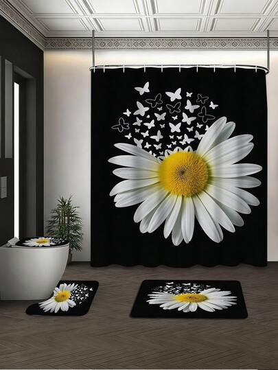 1/4pcs White Extra Large Daisy Bathroom Curtain Set, 72in*72in - White Daisy, Butterfly Silhouette Pattern Waterproof, Durable Bathroom Accessories - Includes Toilet Seat Cover, U-Shaped Toilet Mat And Non-Slip Floor Mat, Made Of Polyester Knitted Fabric - Washable, Mildew Resistant - Ideal For Spring, Home/Hotel/Dorm/Outdoor Camping/School Dormitory/Western/Holiday Bathroom Decor, Back To School Essential, Housewarming Gift[Comes With 12 Hooks]