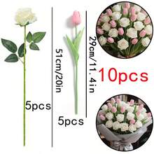 10支逼真仿真花束（5支白玫瑰和5支粉色郁金香） - 抗紫外线免维护仿真花，适用于婚礼、情人节、母亲节、圣诞节、复活节、春季 - 可用作桌面装饰和活动装饰 - 彩色 - 查看 4