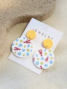 1对女士海洋风情虾、龙虾、贝壳和太阳印花陶瓷质感亚克力圆形可爱度假风耳环 - 彩色 - 查看 3
