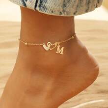 1 pieza Tobillera de acero inoxidable dorado con colgante de corazón doble con inicial, estilo de moda simple para mujeres - Amarillo Oro - Ver 1