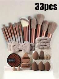 33 piezas Juego de brochas de maquillaje (con bolsa con cordón), que incluye borla de polvo, esponja de maquillaje, brocha de rubor, brocha de base, brocha de sombra de ojos, brocha de contorno, cepillo de pelo suave, juego de brochas de maquillaje profesional, juego de brochas de maquillaje para mujer