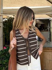 Joy Knit 女士春夏新款针织上衣 - 休闲简约 V 领条纹系带蝴蝶结背心罩衫度假沙滩装 - 棕色 - 查看 3