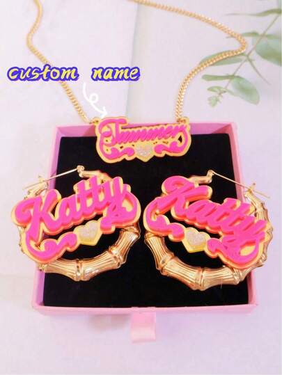 1 Set Customized Acrylic & Bamboo Name Earrings And Necklace, Personalized Name Earrings, Acrylic Name Necklace, Suitable Gift For Women And Children, Pink, Gold, Fashion, Colorful, Retro, Minimalist, Unisex, Casual, Cute, Customized, Personalized, Unique, Ideal Gift For Him/Her, Suitable For Anniversary, Birthday, Graduation, Prom, Party, Stainless Steel Jewelry