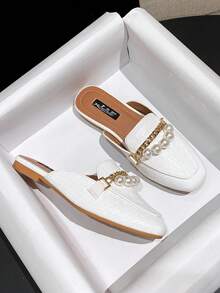 Mengshangli Zuecos con perlas de estilo preppy a cuadros, aptos para la oficina, vacaciones y fiestas en primavera y verano - Blanco - Ver 1