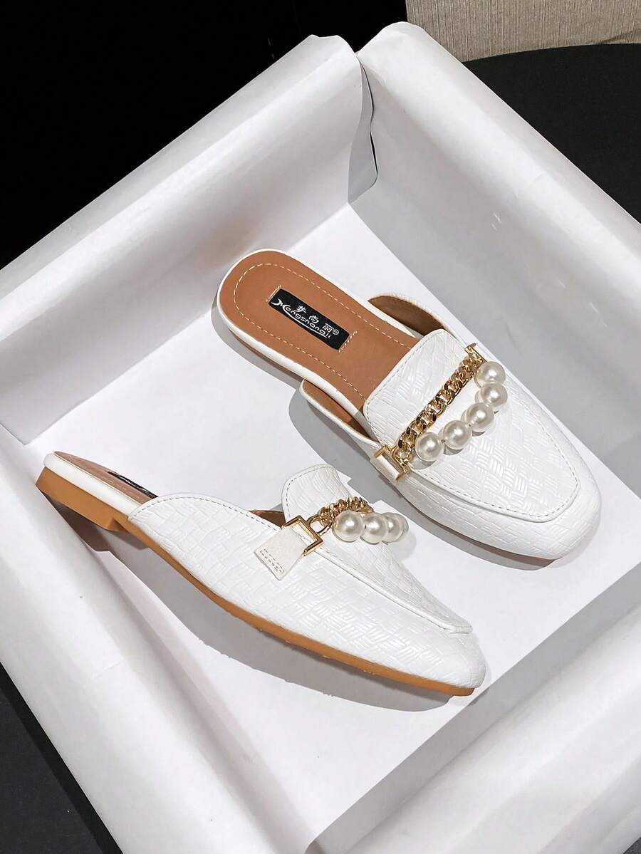 Mengshangli Zuecos con perlas de estilo preppy a cuadros, aptos para la oficina, vacaciones y fiestas en primavera y verano - Blanco - Ver 1