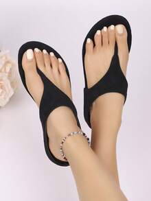 Tongs grande taille pour femmes, sandales plates de plage de vacances décontractées, pantoufles pour dames, tenues d'été - Noir - Voir 5