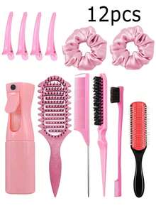 17pcs Hair Styling Tool Set, Includes High Pressure Spray Bottle, Sleep Cap, Curling Brush Set, 9-Tooth Comb, Wide-Tooth Comb, Double-Sided Comb, Styling Comb, Pointed Tail Comb, Rat-Tail Comb, Edge Brush, Massage Brush - Pink - View 16