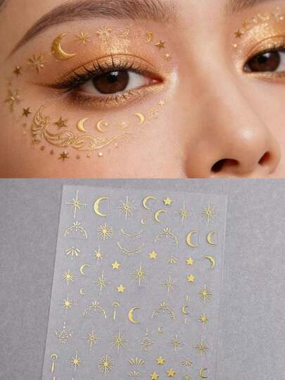 1 pieza Pegatinas decorativas con estrella dorada y cara de luna, para maquillaje diario, sesión de fotos, maquillaje de ojos con purpurina 3D, decoración de maquillaje para fiestas y festivales de música