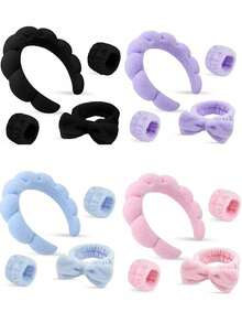 1pc Facial Headband / 2pcs Facial Wristbands / 3sets Spa Headband, Makeup Headband, Facial Headband, Skincare Headband, Pink Velvet Fluffy Sponge Headband, Bow, Bubble, Spa Headband, Wristband, Women & Girls Hair Accessories Set - Clouds - View 11