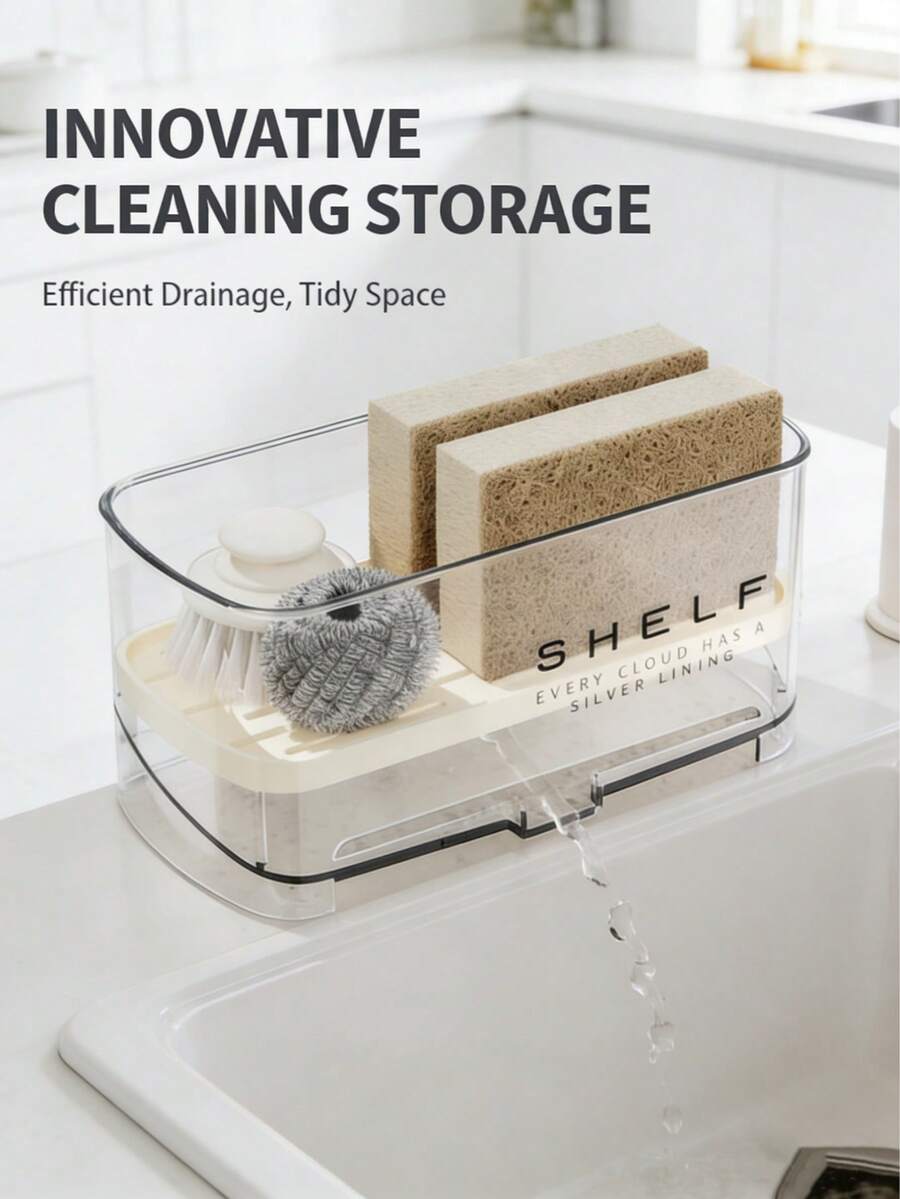 1pc Multifunctional Kitchen Storage Rack With Drainage Pipe And Towel Rack - This Drainage Rack Requires No Power, Comes With A Detachable Drainage Board And Storage Shelves. Suitable For Storing Sponges, Soaps, Brushes, Cloths, Dishwashing Liquid, Hand Wash, Dish Rack, Kitchen Storage Rack