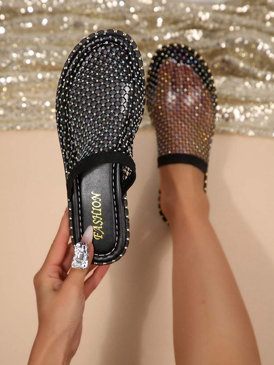 Sandalias planas de punta cerrada con incrustaciones de strass, elegantes y cómodas sandalias casuales versátiles para mujer, para primavera/verano - Negro - Ver 1