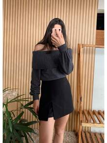 Knit Blouse With Off-The-Shoulder Yoke And Long Sleeves - Gris Oscuro - Ver 4