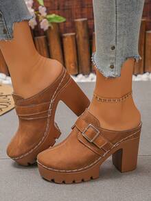 1 Pair Simple Solid Color Buckle Decor Comfortable Slip-On Women High Heel Platform Wedge Sandals, Closed Toe High Heels, Retro College Style For Spring/Summer Daily, Party, Music Festival, Brown - بني - مشاهدة 5
