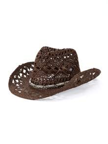 1 件锆石链条装饰透气镂空牛仔帽，男女通用时尚个性化夏季太阳帽，适合海滩、度假、日常穿着 - 草編禮帽 - 查看 29