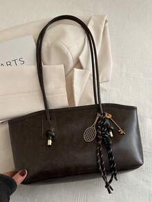 Bolsa de boliche de Pu cor café com zíper e estampa de losangos, grande capacidade, estilo sacola, com toque aveludado, modelo retrô, com detalhe de corda, ideal para uso diário feminino. Bolsa com laço na moda para mulheres. - Café - Ver 6