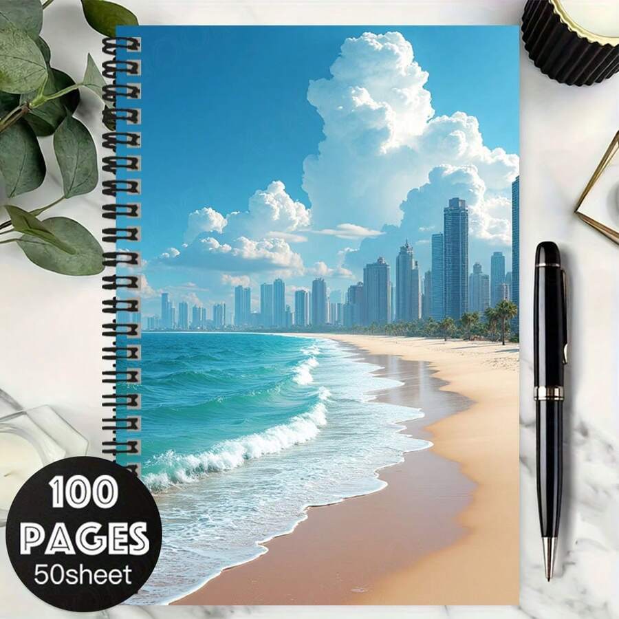 100-Page Spiral Notebook With Coastal City Landscape, 50 Sheets. The ...