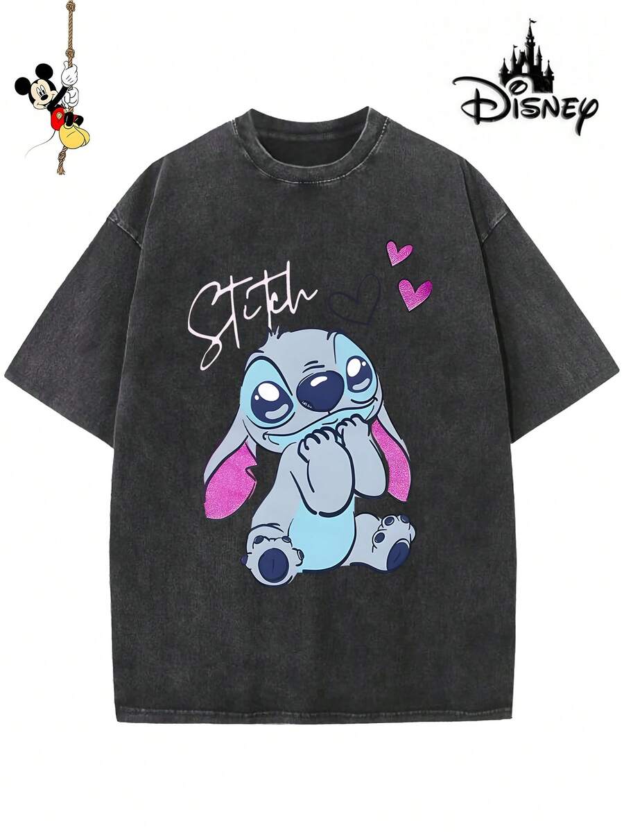 Disney-Licensed Men's Cotton T-Shirt For The 2026 Family Holiday. Featuring A Stitch Motif, Washed Crew Neck, Soft And Comfortable Feel, Easy Care And Suitable For Various Occasions Such As Holidays, Everyday Life And Commuting – Full Of Festive Spirit. - 黑色 - 查看 1