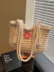 New Spring/Summer Small Floral Tassel Shoulder Bag, Hollow Straw Woven Bag, Women Beach Bag - Multicolor - View 3