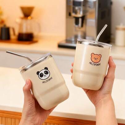 500ML Taza de café de acero inoxidable 304 con tapa y pajita, vaso aislado de doble capa, taza de bebida de gran capacidad portátil de pared doble, taza termo, taza reutilizable resistente al frío y al calor para té, leche, café, recipiente duradero para bebidas, adecuado para estudiantes y adultos en la escuela, oficina, campamento al aire libre, picnic, viaje